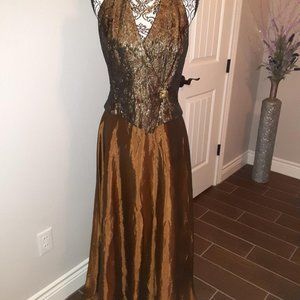 Patra stunning bronze metallic halter evening dress